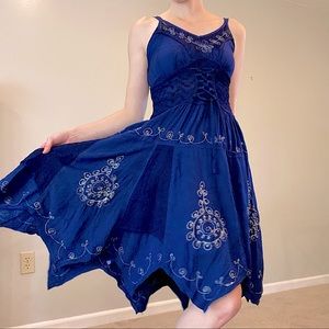 Y2K Embroidered Yellow on Blue Lace Up Corset Renaissance Cottagecore Dress